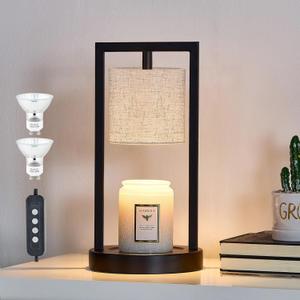 Candle Warmer Lamp with Timer, Black Candle Lamps Linen Fabric Shade, 3-Level Dimmable Candle Light Wax Melt Warmer for Scented Wax, 35W Electric Warmer Lamp for Women Home Decor (2 Bulbs Included)