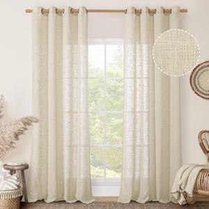 LAMIT Beige Linen Sheer Curtains 96 Inches Long for Living Room, Linen Textured Light Filtering Panels Bronze Grommet Floor to Ceiling Drapes for Sliding Glass Door/Bedroom, 2 Panels, 52 x 96 Inch