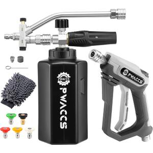 PWACCS Pressure Washer Foam Gun with Dual Connector Accessory, Short Power Washer Gun Foam Cannon and Double Tip Attachment Car Wash Kit, 1/4" Quick Connector, M22 Male Inlet, 4000 PSI, 1.5 Liter