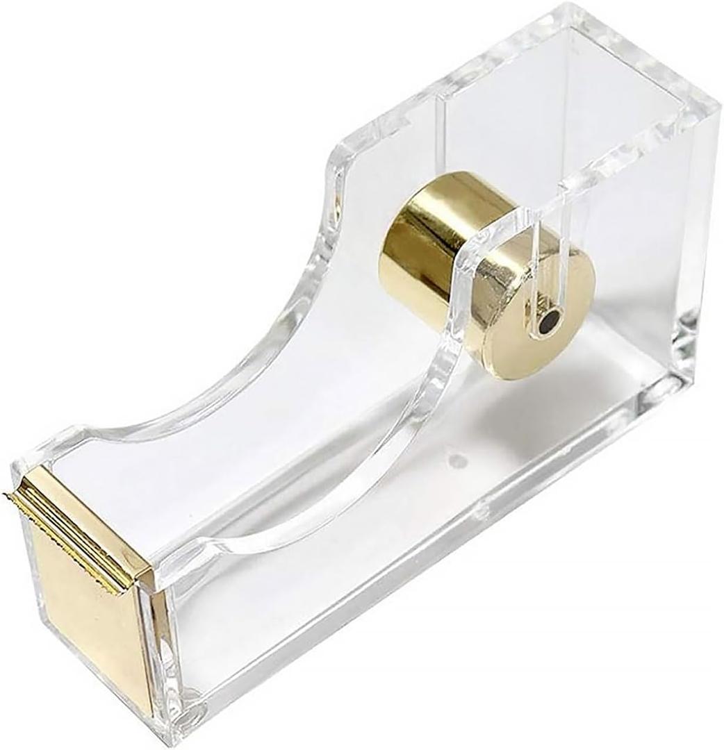 MultiBey Clear Acrylic Gold 1 Inch Core Desktop Adhesive Tape Dispenser Cutter with Tape Office School Gift Idea (Gold)