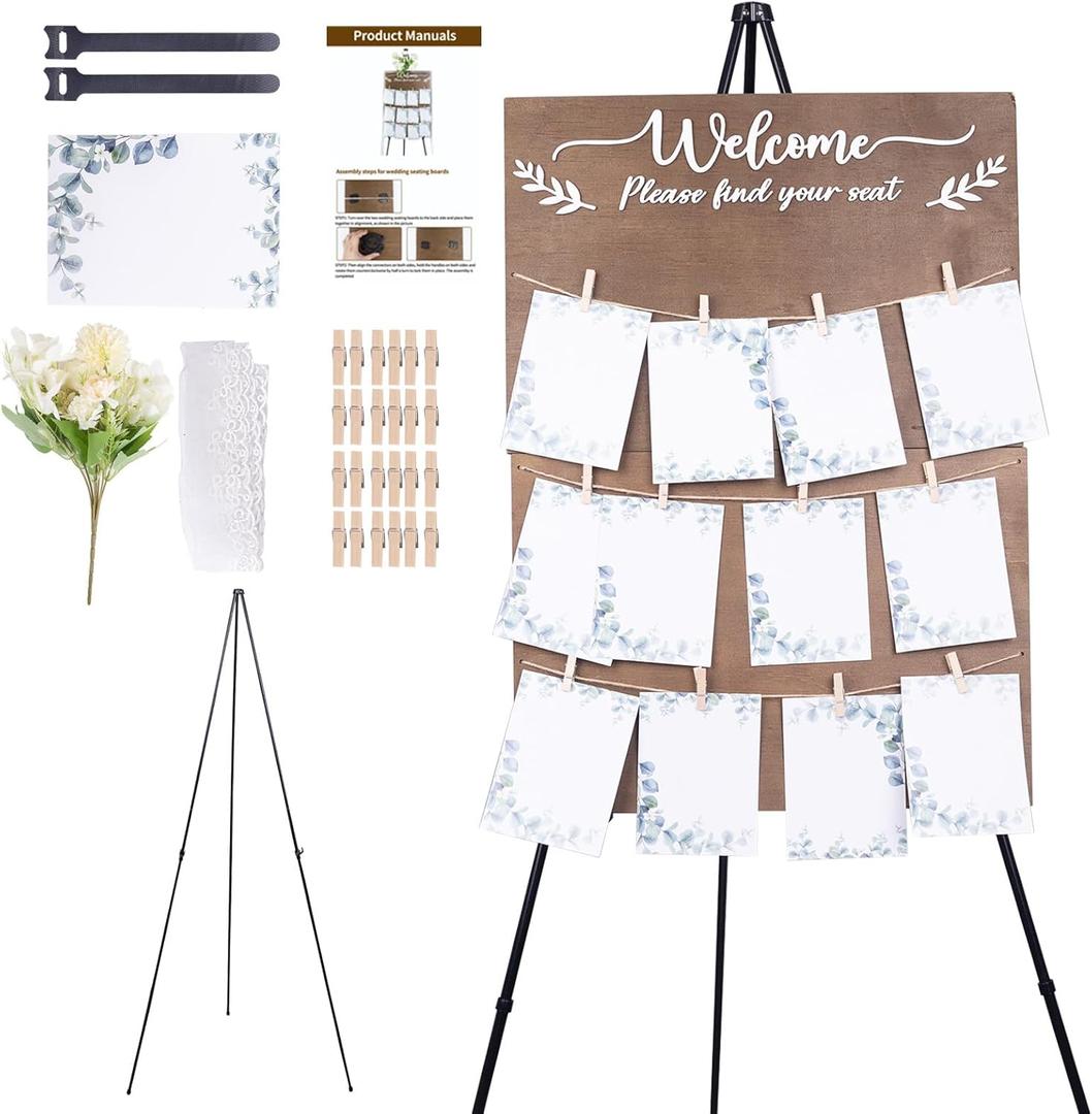 Wooden Wedding Seating Chart Board, Two Connectable Panels (23.7"17"), 0.32" Thick, Foldable Design with Metal Stand, White Lace Ribbon, Floral Dcor, and 20 Cards for Ceremony & Reception