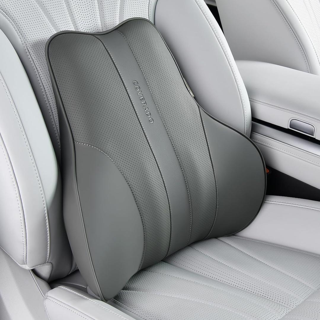 Coverado Lumbar Support Pillow for Car, Ergonomic Memory Foam Back Pillow for Office Chair, Back Cushion for Back Pain Relief, PU Leather Car Lumbar Support for Driving Seat - Gray