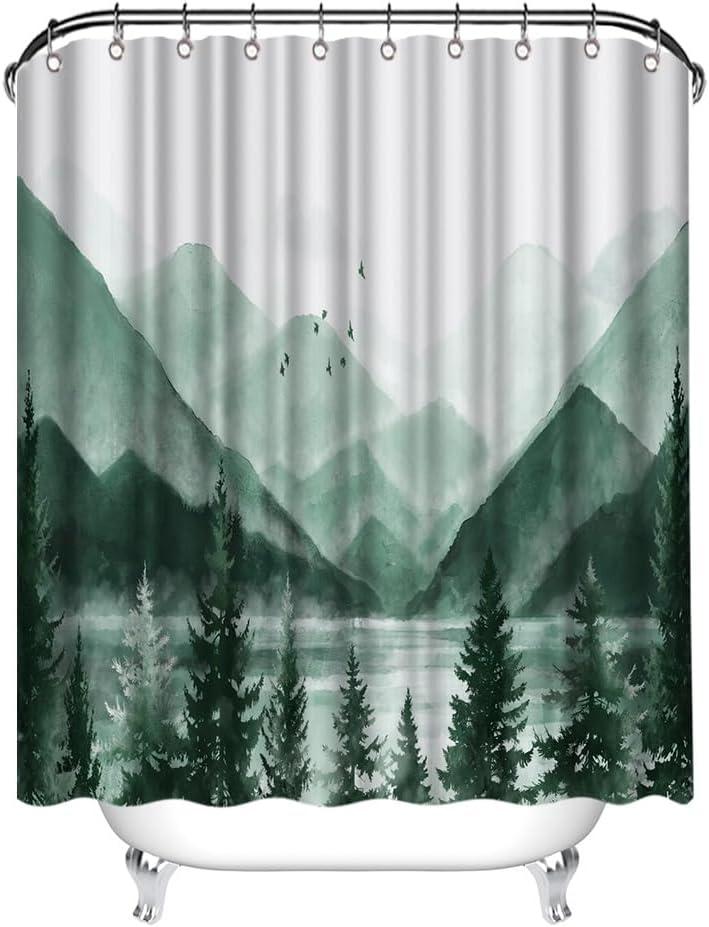 Mountain Shower Curtain Green Forest Bathroom Set with Hooks Home Decor 72x72inches