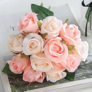 3 x Jasion Artificial Roses Flowers 12 Heads Arrangement Silk Bouquet for Home Office Parties Bridal and Wedding Decoration (Pink with Champagne)