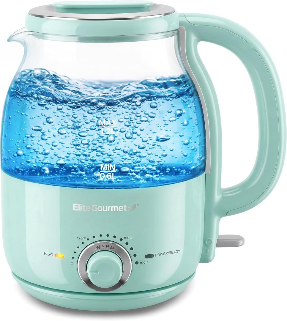 Elite Gourmet 1.2L Electric Glass Kettle, 1200W Fast Boil, Adjustable Temperature Control & Keep Warm, BPA-Free Borosilicate Glass, Auto Shut-Off & Boil-Dry Protection, 360 Cordless Base, Mint