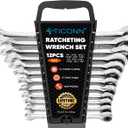 TICONN 12PCS Ratcheting Wrench Set, Professional Slim Profile Mechanic Cr-V Ratchet Wrench Set with Organizer Rack (12PCS Inch (SAE))