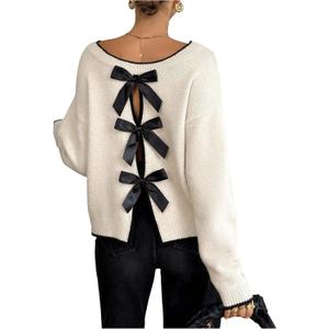 SOLY HUX Women's Sweaters Bowknot Backless Long Sleeve Knit Pullover Tops Fall Clothes Apricot Bows Medium