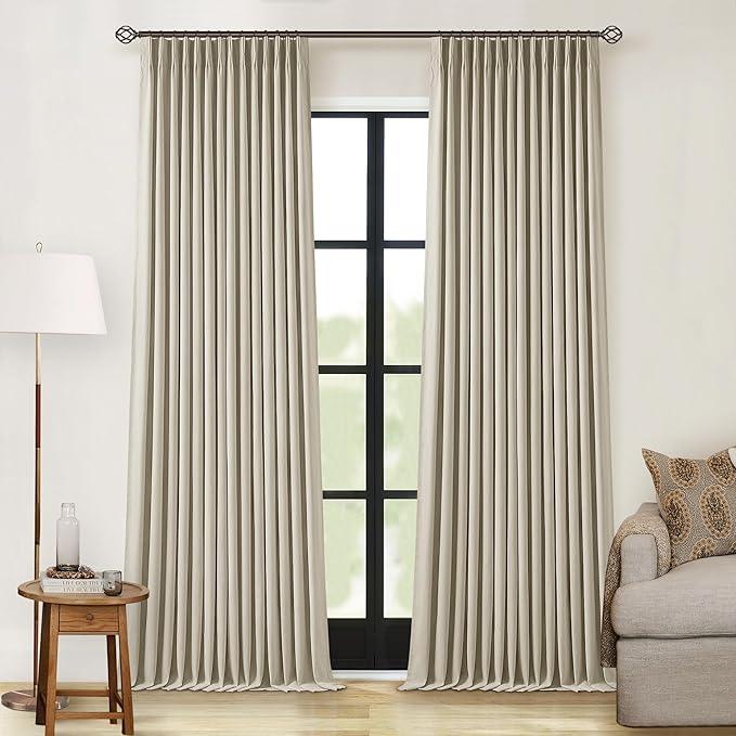 90 Inch 100% Blackout Linen Pleated Curtains 2 Panels for Living Room Pinch Pleated Back Tab Black Out Drapes Memory Shape Taupe Heat Reducing Pinch Pleat Window Curtains for Bedroom 90 Inches Long