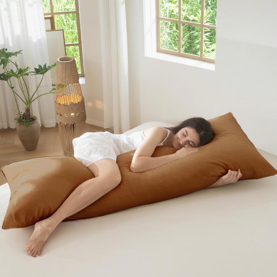 MooMee Body Pillow Cover Pillowcase with Zipper 100% Washed Cotton Linen Like Textured Breathable Durable Soft Comfy (Dark Orange, 21x54, 1 PC)