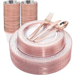 Ciaell 150PCS Rose Gold Plastic Plates  Disposable Plates with Rose Gold Plastic Silverware include 50Plates, 25Forks, 25Knives, 25Spoons, 25Cups for Wedding & Party