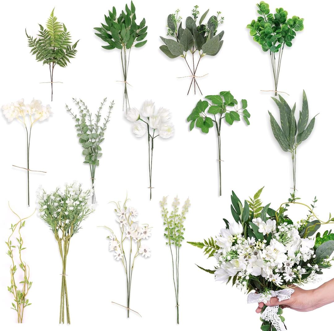 CEWOR Artificial Greenery Stems Box Set 45pcs with 13 Kinds of Fake Greenery Fake Greenery Stems for Wedding Vase Bouquet Table Centerpieces and Spring Floral Arrangement Decor (Green)