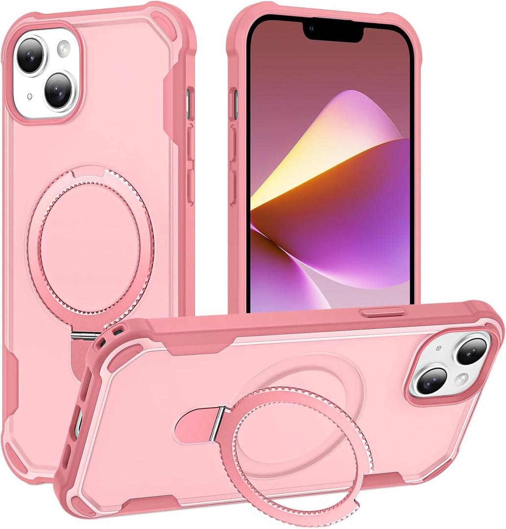 Compatible with iPhone 13 Case & iPhone 14 Case with Invisible Magnetic Ring Stand [Compatible with Magnetic] [Military Drop Protection] Shockproof Slim Hard Back Soft Edge 6.1 Inch, Pink
