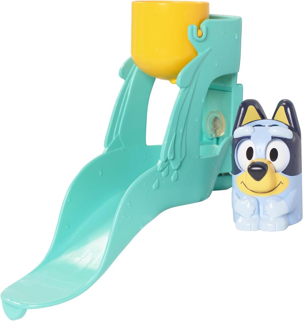 TOMY Toomies Blueys Water Slide - Includes Water Slide with Suction Cup, Clip On Bucket and Bluey Figure - Interactive Toddler Bath Toys - Ages 18 Months and Up, 7 X 19 X 21 Cm