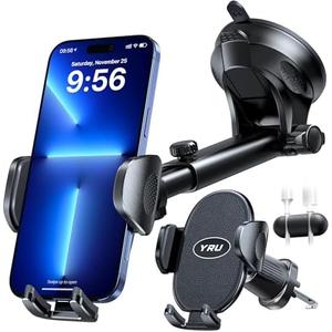 YRU [2025 Upgraded] Universal Car Phone Holder Mount【 360°Rotatable & Strong Suction】 Cell PhoneHolder Car Dashboard Windshield Phone Holder Dash Stand for iPhone 16 15 14 13 12 Samsung Truck, Black