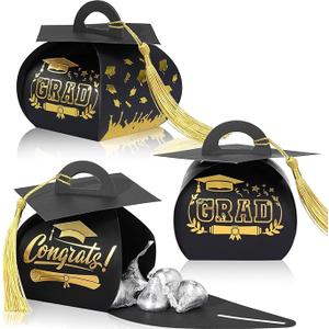 Spakon Graduation Cap Gift Box Graduation Party Favors Candy Boxes Treat Box with Tassel Table Centerpieces Class of 2025 Grad Decorations(Black, Gold)