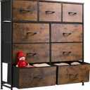 WLIVE 9 Drawer Dresser, Fabric Storage Tower for Bedroom, Hallway, Closet, Tall Chest Organizer Unit for Bedroom with Fabric Bins, Steel Frame, Wood Top, Easy Pull Handle, Black and Rustic Brown