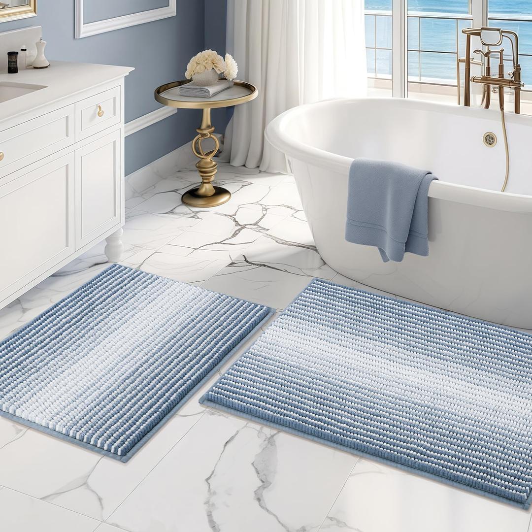 BSICPRO Bathroom Rugs and Mats Sets, 2 Piece Thick Absorbent Chenille Bath Mat Rug Set Non Slip, Soft Shaggy Bath Room Floor Mats for Bathroom, Machine Washable (Fog Blue, 20" x 32" Plus 16" x 24")