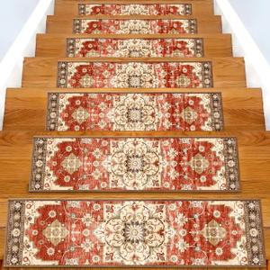 Non-Slip Carpet Stair Treads 15PCS, 8"x30" Peel and Stick Stair Runner for Wooden Steps Indoor, Washable Reusable Adhesive Backing, Pet-Friendly Safety Mats for Kids, Elders, Dogs (Vermilion Red l Beige)