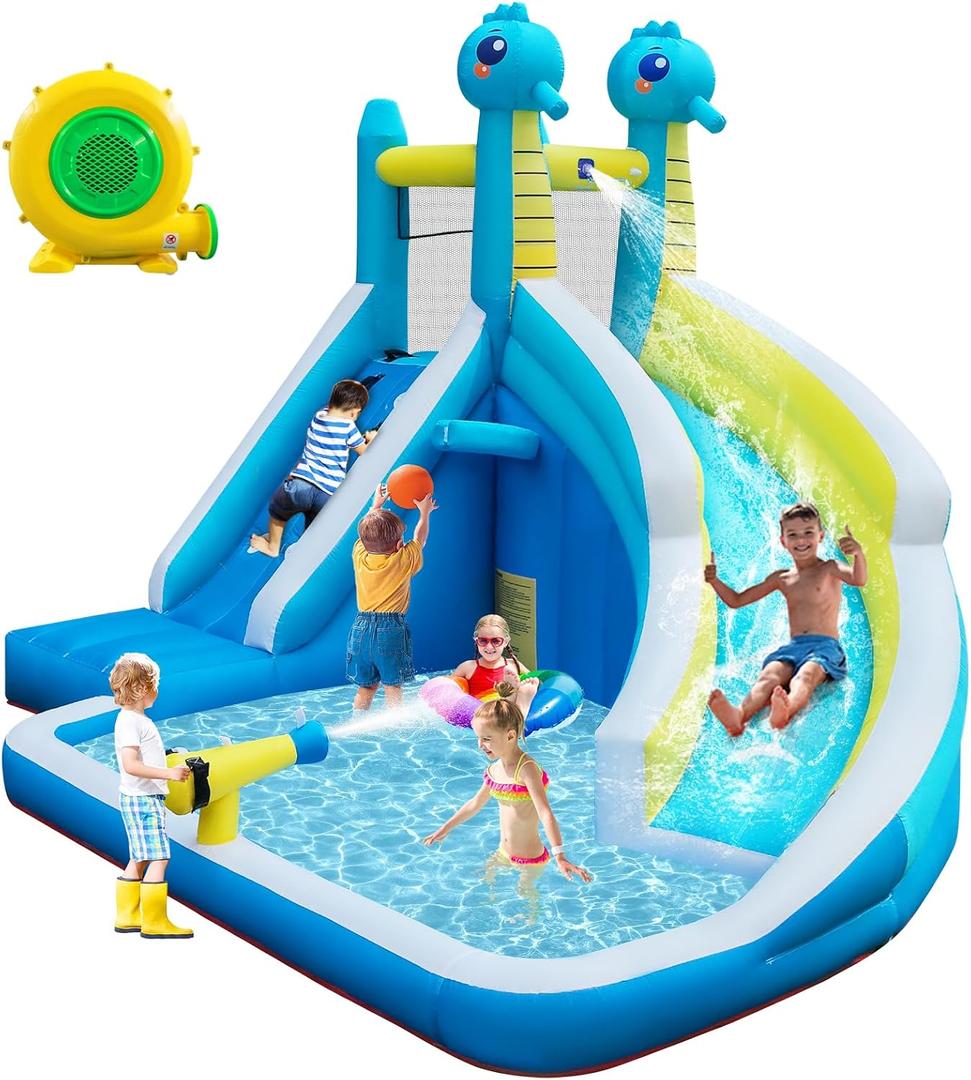 Seahorse Inflatable Water Slide for Kids Backyard | 5-in-1 Blow Up Splash Park with Climbing Wall, WaterSlide, Water Cannon, Basketball Hoop & 480W Blower| Indoor/Outdoor Toys for Ages 3+, 12ft