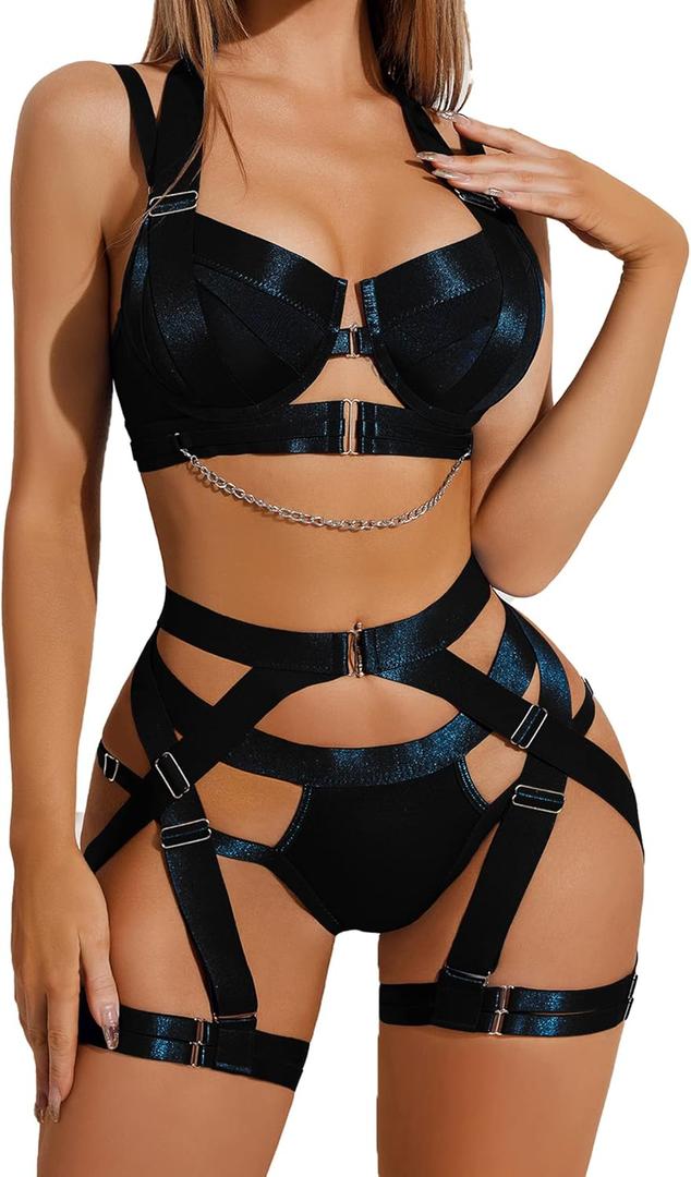 Avidlove Lingerie Set for Women Sexy Strappy Lingerie Underwire Push Up Bra Garter Set Lingerie with Chain (Small, Black)
