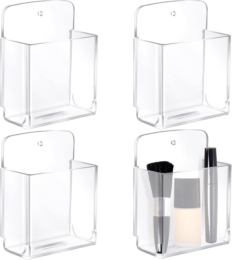 4 Pcs Acrylic Remote Control Holder Adhesive Wall Mount Phone Holder Clear Wall Mount Organizer Media Pen Storage Pen Phone Charging Storage Box for Home Office Living Room Bedroom
