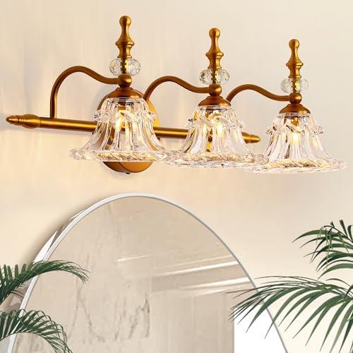 L LOHAS LED Bathroom Light Fixtures, 3 Lights (1 Brass Broken Bathroom Lighting Fixtures Over Mirrors with Thick Crystal Glass Shade), Vintage Vanity Lights for Bathroom, with G9 Light Bulbs