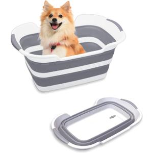 Collapsible Pet Bathtub, 7.1 Gal (27L) - Foldable Bathing Tub with Drain Plug for Dogs & Cats Under 30 lbs - Multi-Use as Laundry Basket, Storage Organizer, Camping Sink (Grey)