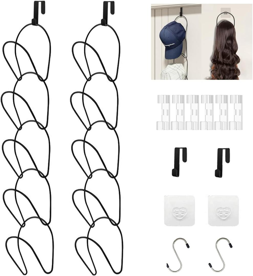LINFIDITE 10 Pack Hat Rack Hanger Holder Organizer Closet Hanging Baseball Cap Display Storage Rack for Scarves Handbags Towels Clothes Ties Over Door Wall Mounted w Hanging Hook Black (Round Ring)