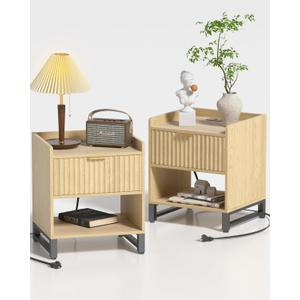 Fluted Night Stand Set 2 with Charging Station, Wood Nightstand with Large Drawer and Open Storage Cabinet, Mid-Century Modern Bedside Table End Table for Bedroom Closet Office (C - Reclaimed Light Oak)