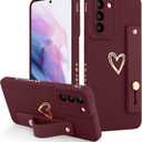 Fiyart Galaxy S21 5G Case - Wine Red, Love Hearts Pattern, Slim Protective Cover with Stand & Wrist Strap