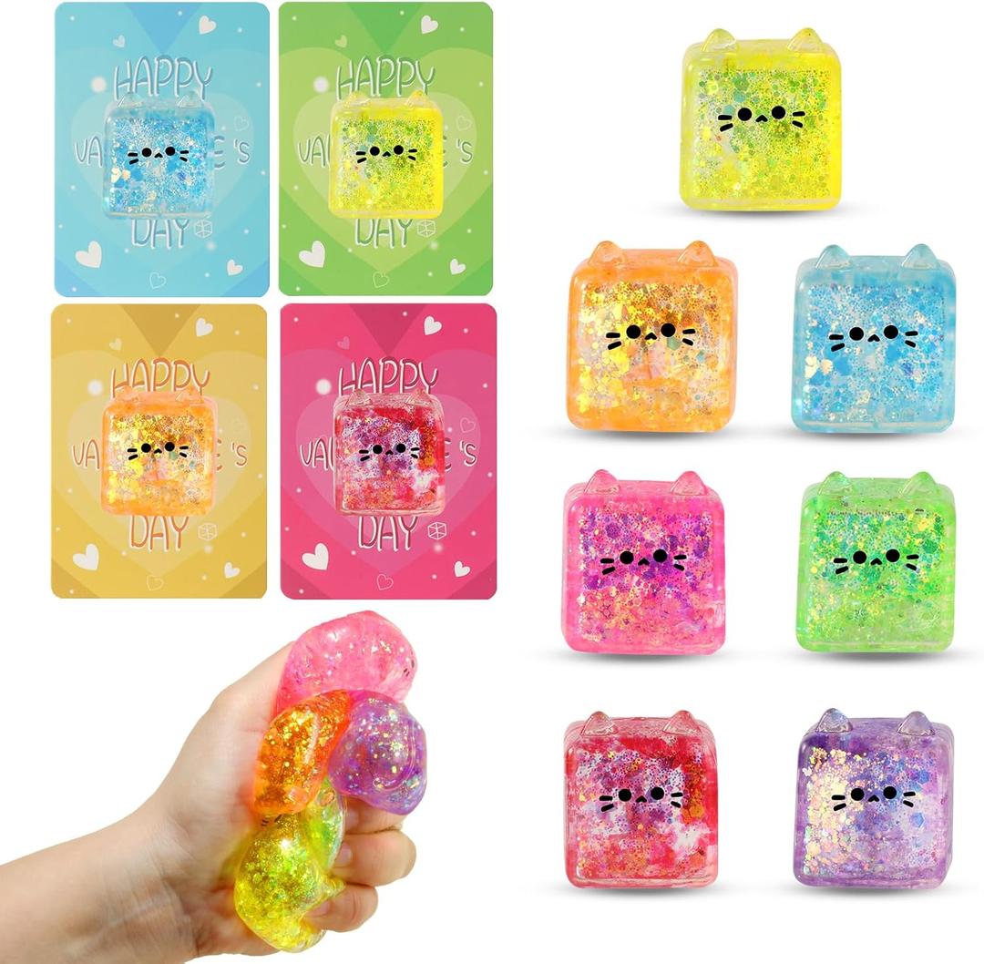 28 Pack Fidget Squishy Toys - Square Cat Shaped Stress Balls & Cards Set, Glitter Squishy Fidget Toys for Classroom Exchange, Party Favors, Anxiety Relief
