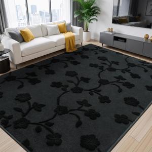 Maxsoft 4x6 Area Rugs for Living Room, Modern Washable Memory Foam Rug for Bedroom, Dark Grey Floral Thickened Minimalist Rugs Non Slip Indoor Carpet for Boys Girls Adults Dorm Nursery Home Decor