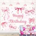 Pink Bow Happy Birthday Backdrop Coquette Birthday Party Photography Background for Girls Women Cute Bachelorette Party Baby Shower Decoration Banner (94X70 inch (8x6FT))
