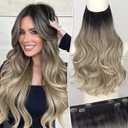 KooKaStyle Invisible Wire Hair Extensions 20"Long Wavy Layered Synthetic Clip in with Adjustable Size 6 Secure Clips Ombre Black to Ash Blonde Natural Soft Thick Hairpieces for Women 20 Inch