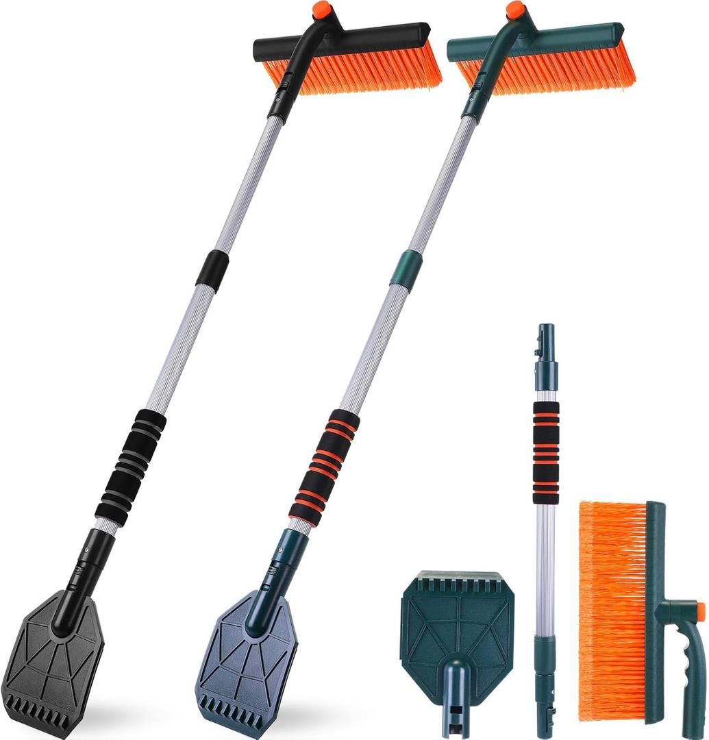 2 Pack 40" Extendable Snow Brush with Detachable Ice Scraper Snow Removal Tool Brush for Car Truck SUV Vehicle Windshield Foam Grip, Heavy Duty Auto Winter Car Accessories(Dark Green, Black)