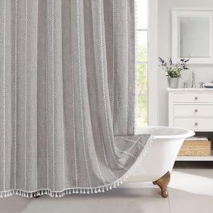 MitoVilla Boho Farmhouse Fabric Shower Curtain Set, Brown Grey Modern Cotton Linen Shower Curtains for Vintage Rustic Bathroom Decor, Country Tassel Thick Cloth Shower Curtain, 72" x 72"
