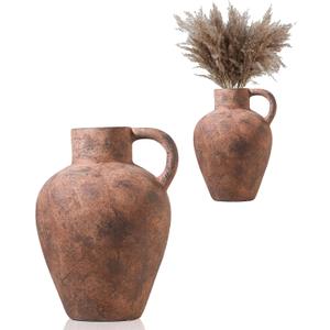 UPWOIGH 12in Tall Vintage Single Handle Terracotta Vase, Rustic Brown Ceramic Pottery Jug with Distressed Black Markings, Mediterranean Farmhouse Table or Mantel Decor, Antique Gift 1Pack