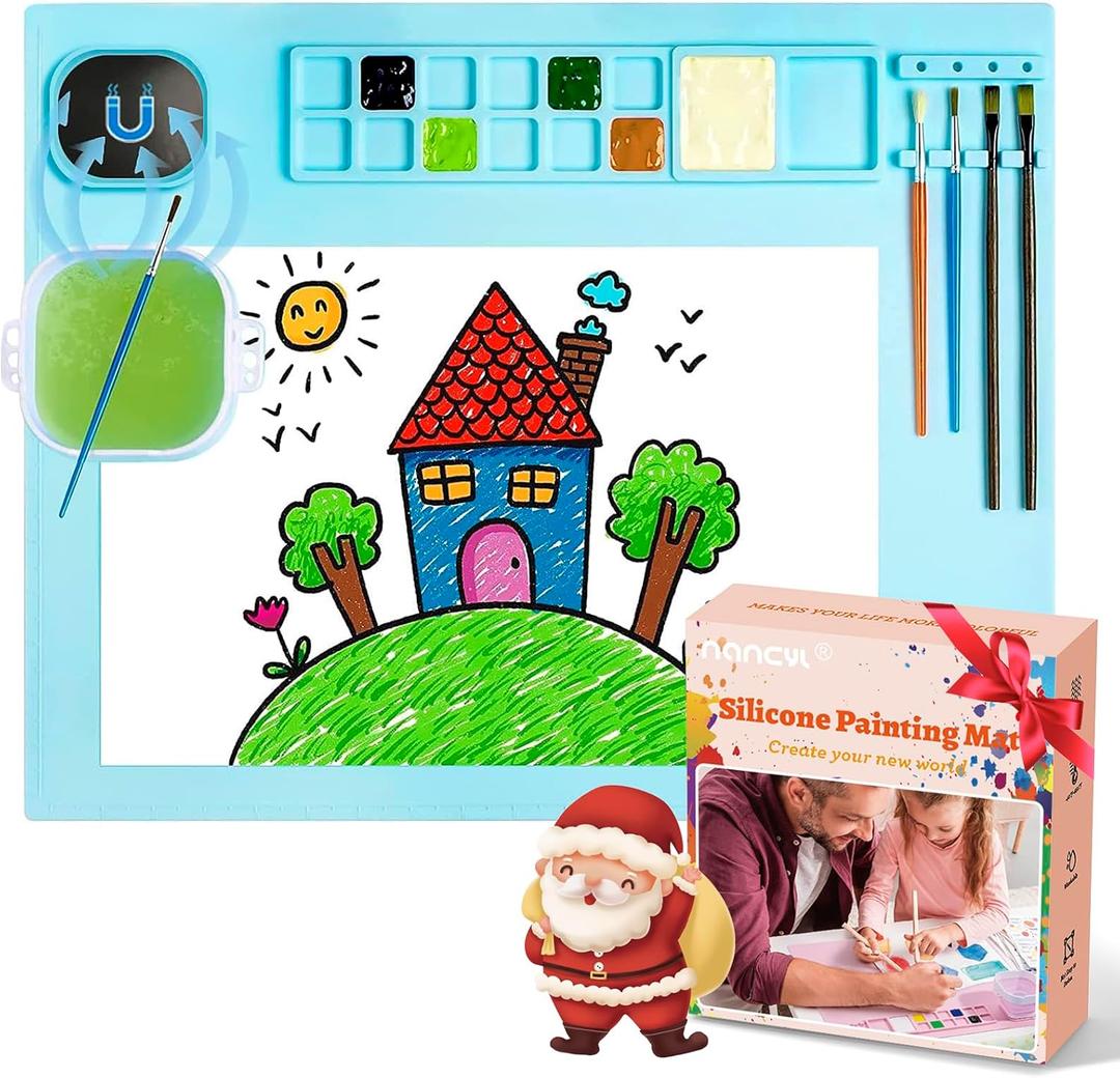 Silicone Art Mat with Cup, Painting Mat for Crafts Resin Casting, Artist Mat with Pen Holders for Kids Gift, Clay, DIY Creations and Play Doh, Christmas Gift for Kids (Blue)