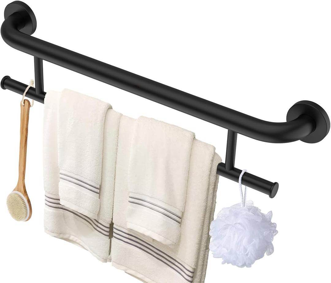 Black Towel Grab Bar 24 Inch - 1.25 Diameter, Zepolu Stainless Steel Safety Bar w/Towel Holder for Bathroom, Shower Assist Balanced Support Handle, Wall Mounted Towel Rack for Senior Elderly Handicap