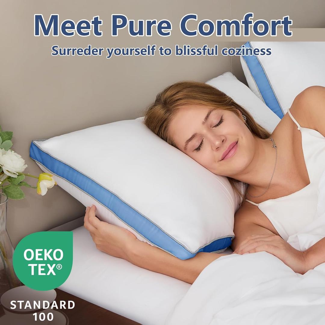 CozyLux Pillows Standard Size, Soft Supportive 3D Down Alternative Bed Pillow for Sleeping 2 Pack Blue, Luxury Hotel Quality Gusseted Bedding Pillow for Back, Stomach or Side Sleepers 18x26