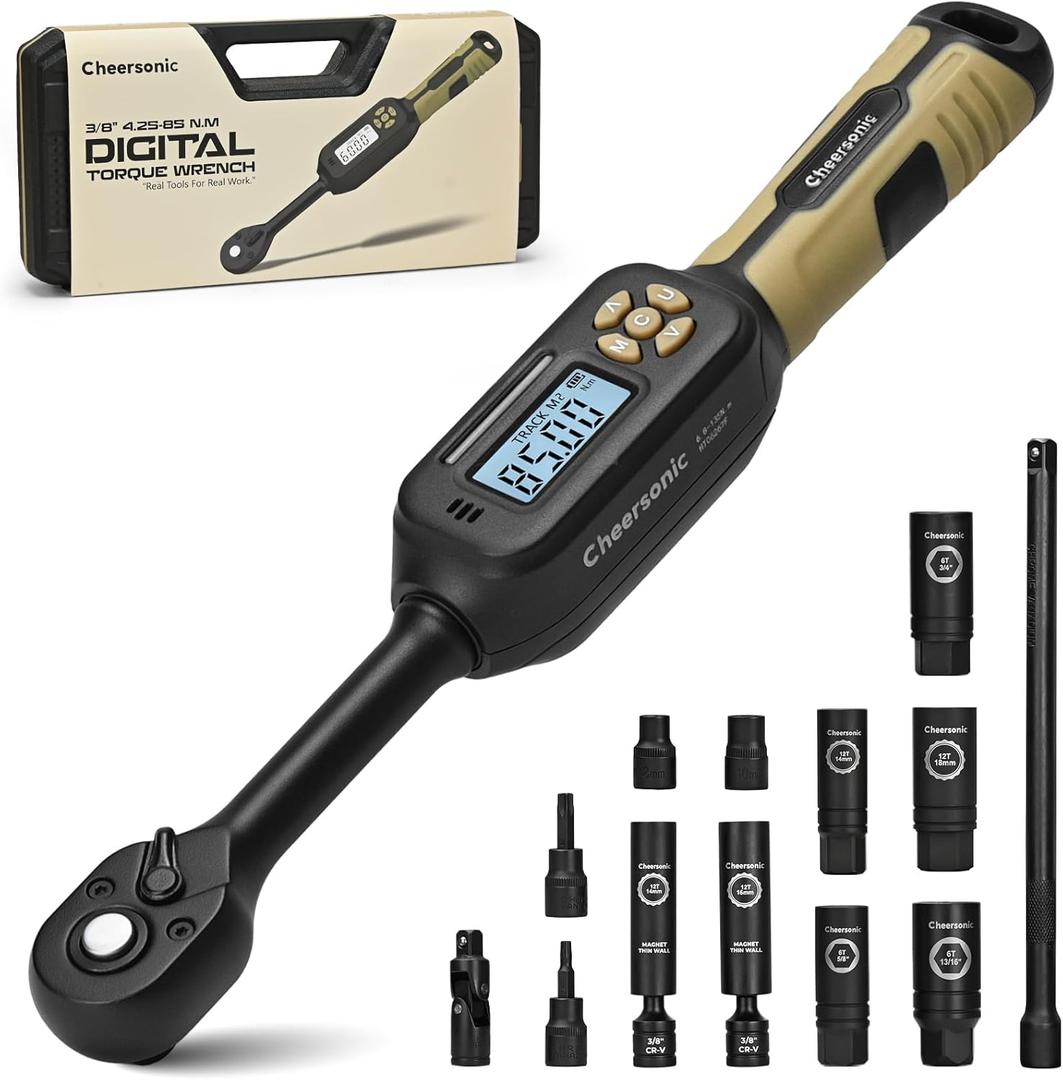 Digital Torque Wrench 3/8 Drive, 3.1-62.7ft-lb 1% Accuracy Inch Pound Torque Wrench with Buzzer and LED Torque Wrench Set with Bits & Spark Plug Socket for Motorcycle, Car Repair Desert Tan
