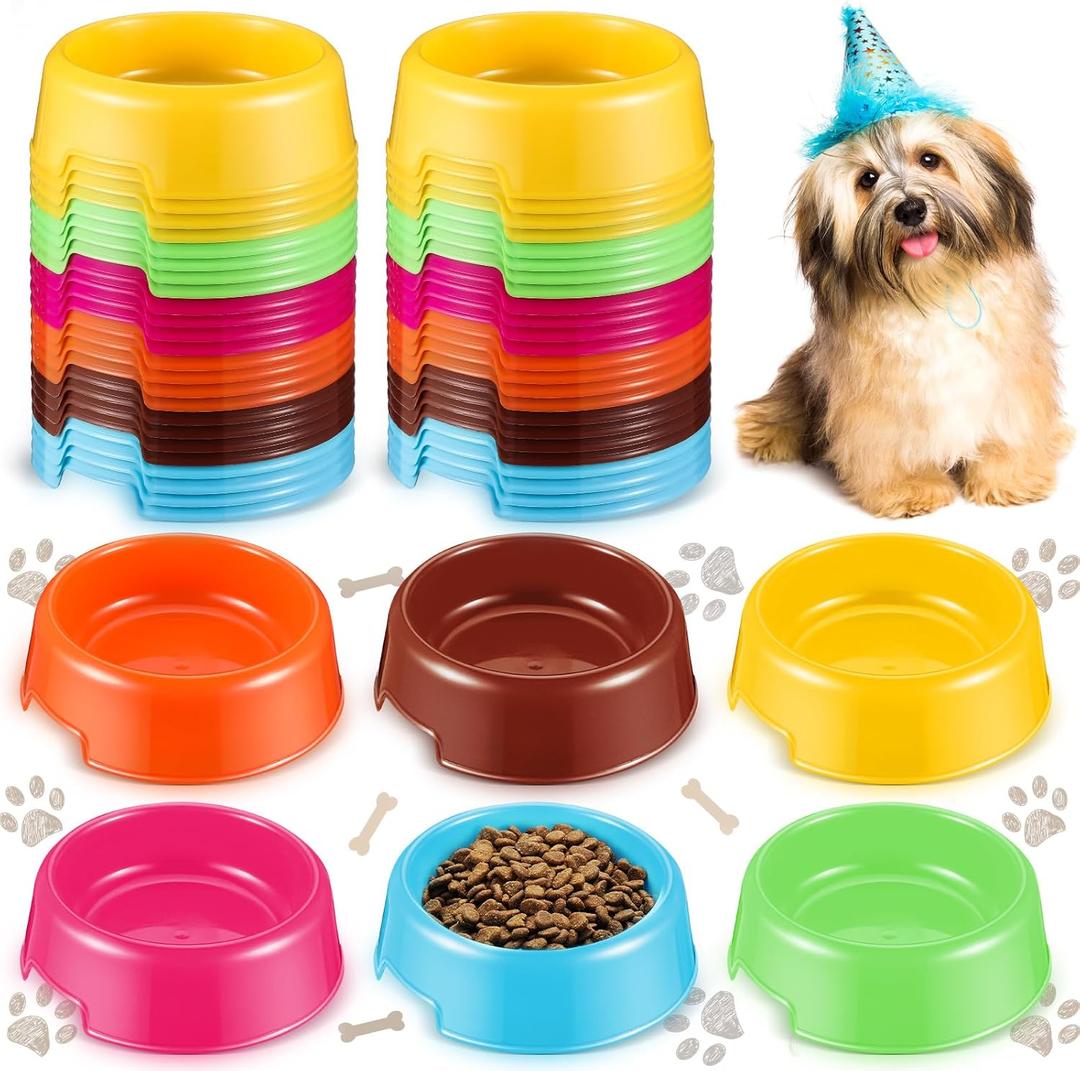 Baderke 24 Pcs Puppy Dogs Birthday Party Supplies Plastic Dog Bowls Bulk Reusable Food Feeding Water Pet Bowl for Cat Paw Party Favor, Blue, Yellow, Pink, Coffee, Orange, Green
