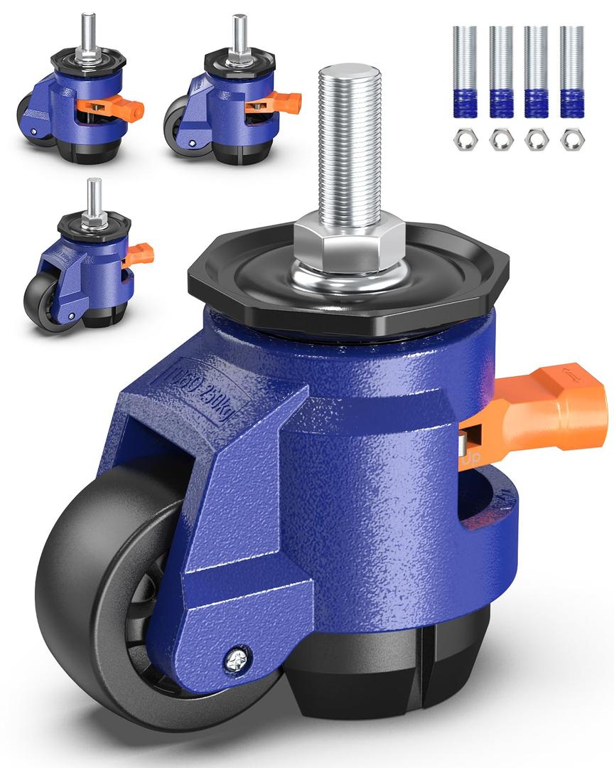 Leveling Stem Casters Set of 4 Heavy Duty Retractable Caster Wheels, 1/2" and M12 Stem Size, Total Capacity 1650 Lbs, Adjustable Wheel with Ratchet Handle for Workbench, Cabine, Machine, etc