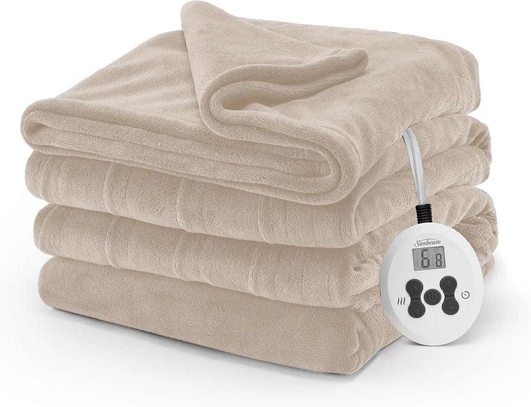 Sunbeam Electric Royal Luxe Microplush Heated Blanket, 12 Heat Settings, 12-Hour Selectable Auto Shut-Off, Fast Heating, Warm and Cozy, Cabernet Color, Full, 84" x 72", Mushroom