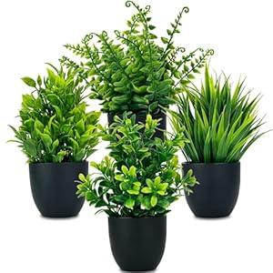 DCECDWD Set of 4 Fake Plants 7” Small Potted Plants Artificial Plants Indoor Mini Greenery Plants for Indoor Decor Home Shelf Office Decor, Compact Black Pot