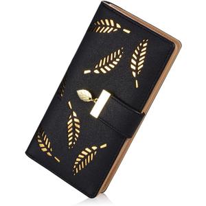 Sweet Cute Chocolate Women's Long Leaf Bifold Wallet Leather Card Holder Purse Zipper Buckle Elegant Clutch Wallet Handbag for Women - Black
