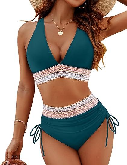 Blooming Jelly Women High Waisted Bikini Sets Tummy Control Swimsuits Color Block Two Piece Drawstring Bathing Suit, Navy Blue,  Small