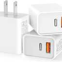 3 Pack USB C Wall Charger, 20W Durable Dual Port QC+PD 3.0 Power Adapter, Double Fast Plug Charging Block for iPhone 14/15/16/17 Pro/Pro Max/Plus, XS/XR/X, Watch Series 8/7 CubeWhite