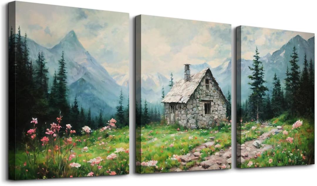 SERIMINO Nature Landscape Canvas Wall Art for Living Room, Forest Mountain Canvas Prints Paintings Room Decor, Cottage Meadow Wildflower Modern Farmhouse Wall Decor Set of 3, 12"X16" (Mountain Cabin View)
