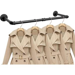 Industrial Iron Pipe Clothes Hanging Bar DIY Wall-Mounted Garment Rack Heavy Duty Clothing Rack for Bedroom, Laundry Room, Closet Storage (Black 28 inch)